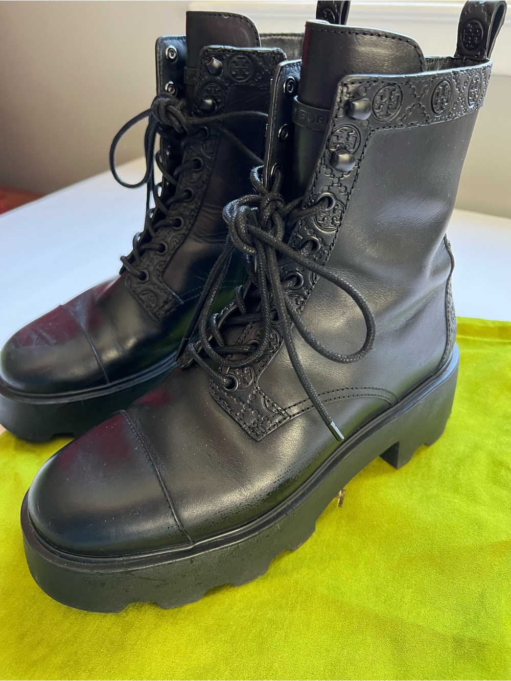 Tory Burch Black Leather Lace-Up Platform Combat Boots